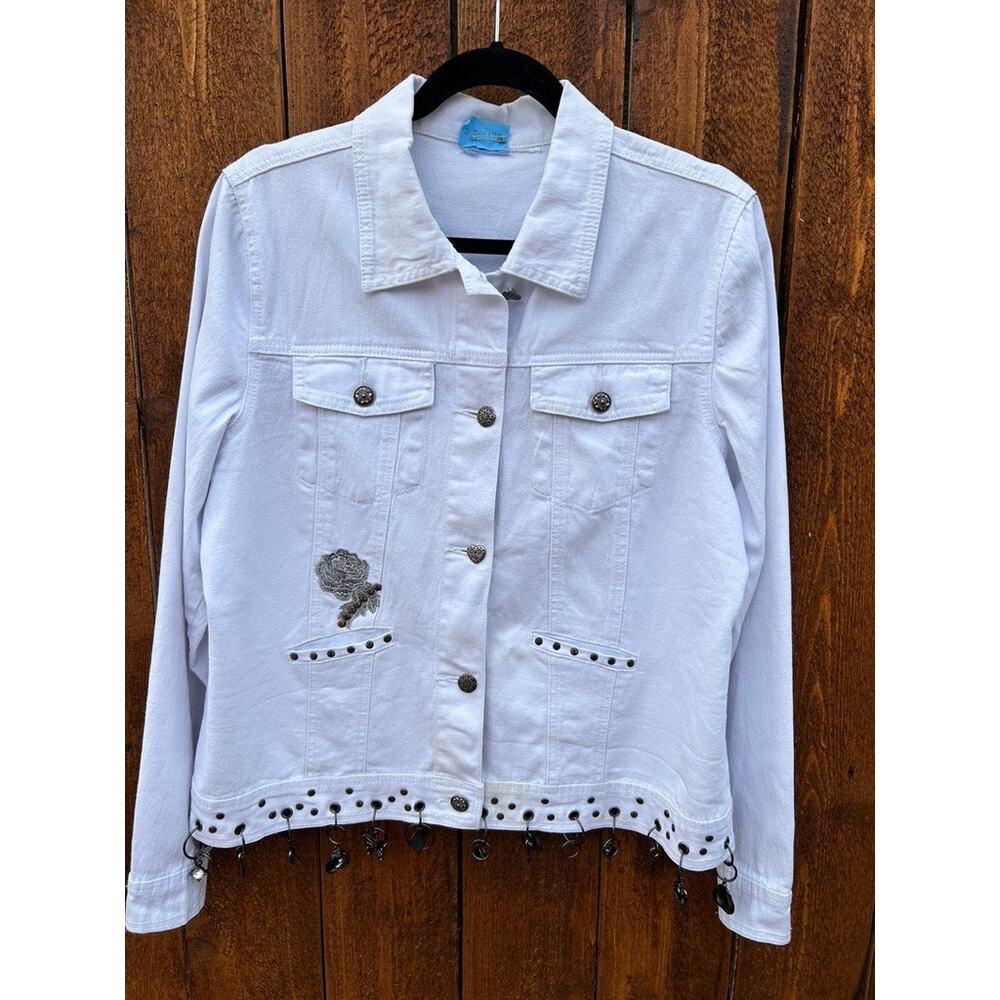 DG2 Diane Gilman White Embellished Denim Jacket Medium Studded Charms | Flaws